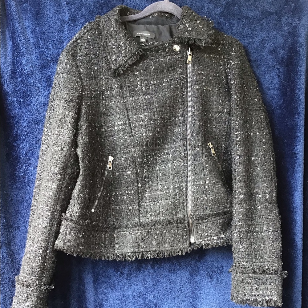 Ann Taylor Black Shimmer Moto Jacket Size 12